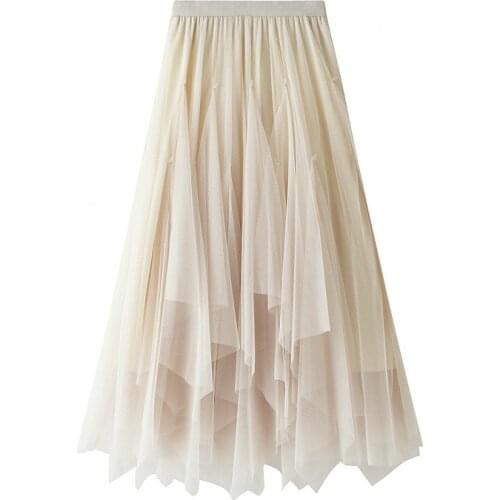 2021 Summer New Simple Solid Mesh Skirt Elastic High Waist Slim Casual All-match Women Irregular A-line Long Skirt Free Shipping