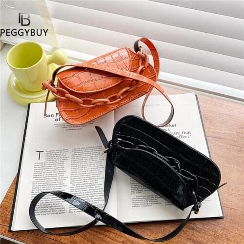 Vintage Women Bags Stone Pattern PU Leather Chain Solid Color Shoulder Fashion Underarm Lady Flap Rectangular Handbag