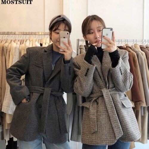 Oversized Houndstooth Wool Blended Coat Jacket Women Winter Full Sleeve Notched Collar Belted Vintage Ladies Outercoat Jacket