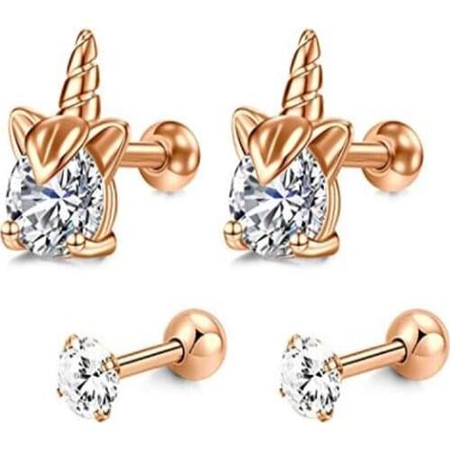 JFORYOU Tragus Earring 16G Stainless Steel Cartilage Helix Ear Lobe Studs for Women Girls Supper Cute Unicorn and Bee Style