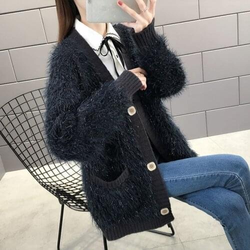 Black Faux Fur Winter Autumn Women Sweaters Trendy Furry Plush V-Neck Long Loose Korean Oversized Jacket Sweater Tops Overcoat