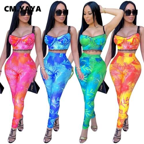 CM.YAYA Sexy Club Party Leaf Print Sweatsuit Womens Set Crop Top Legging Pants Set Tracksuit Matching Two Piece Fitness Outfit