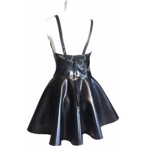 Woman Latex Bodycon Dress Exotic Dancewear Hot Mini Dress Clubwear Sexy Fetish Rubber Pleated Braces Open Back Skirt