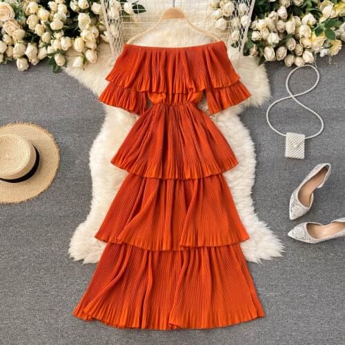 Summer Womens Dress Korean Style Holiday Style Pure Color One-line Collar Short-sleeved Dress New Waist Casual Dresses HH501