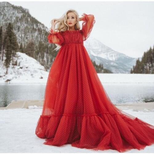 Dreamlike Red Dot Tulle Mesh Lady Dresses To Romantic Honeymoon Engagement Event Party Puff Full Sleeves A-line Women Dresses