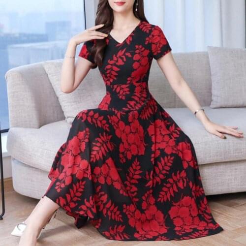 Women Dresses Vintage Floral Print Bodycon Maxi Long Dress Lady Tight Waist Large Swing V-Neck Short Sleeve Maxi Dress Summer