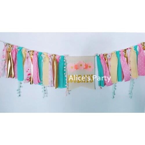 Handmade Gold Pink Flower 100Days Bunting Boho Girl Happy 100days Banner Garland Pompons Aqua Bunting Flag Photo Props