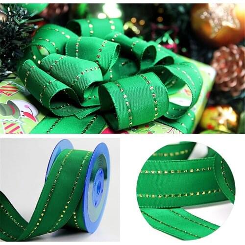 38mm 25Yards Christmas Ribbon Festival Wired Green Webbing With Gold Thread For Decoration New Year Gift Wrapping 1-1/2"