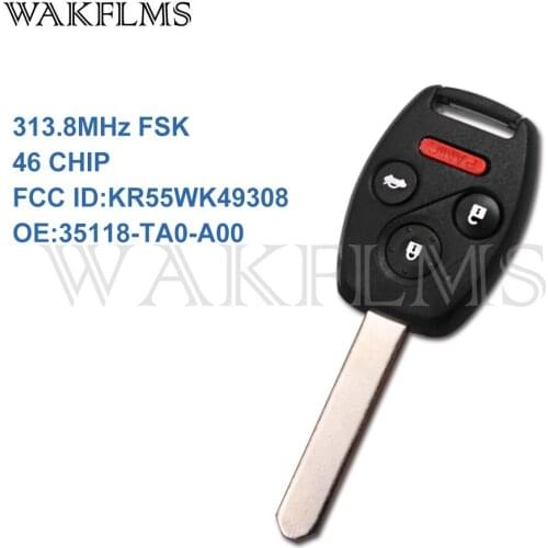 4btn Remote Car Key fob 313.8MHZ For Honda Accord Sedan Pilot 2008-2015 with 46 CHIP KR55WK49308 No Mark