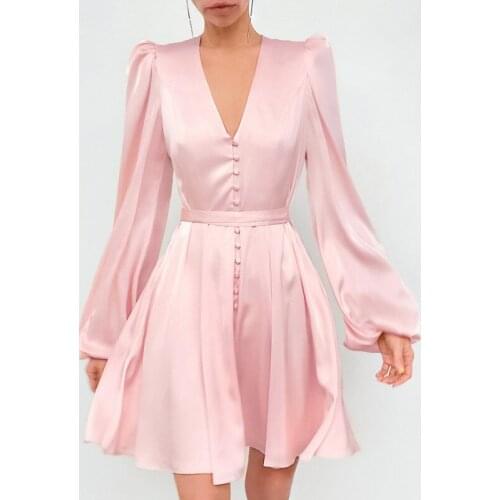 Satin Elegant Pink Woman Dress A-Line Lantern Sleeve Sexy V-Neck Single-Breasted High Waist Pleated Casual Sweet Chic Mini Dress