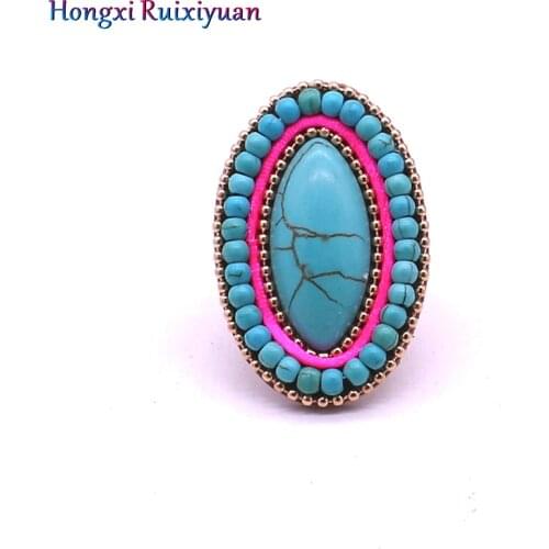 Bohemian Ring Fashion Natural Shaped Stone Handmade Beaded Leather Lady Ring Handmade Party Adjustable Ring Jewelry Gift