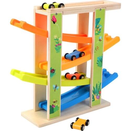 Wood Baby Toy Four-Layer Track Gliding Car Pull Back Car Wooden Fun Inertia Training Vision Wooden Toy Natural Wooden Toys
