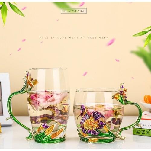 Dovetail Flower Color Enamel Glass With Spoon Tea Milk Cups Coffee Mugs Europe Style Drinkware