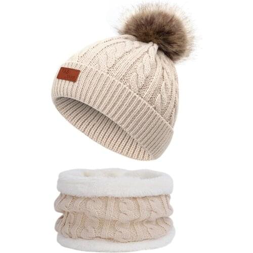 2PCS Winter Baby Hat Knit Hat Scarf Winter Warm Beanie Cap With Circle Loop Scarf Set Cap+Scarf For Kids