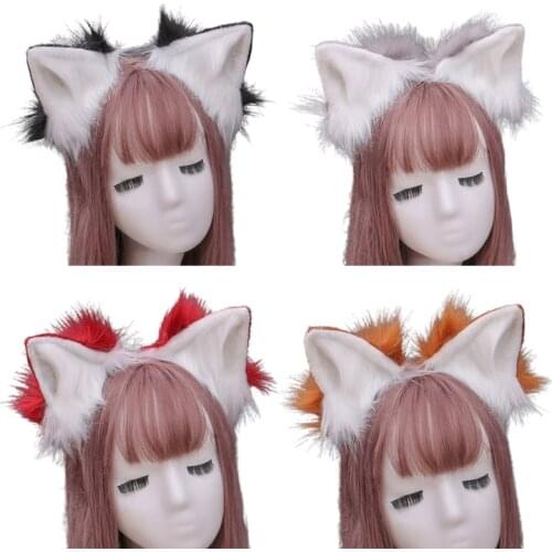 Contrast Color Faux Fur Wolf Ears Headband Simulation Fluffy Plush Animal Hair Hoop Anime Cosplay Costume Headpiece