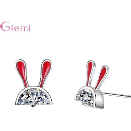 Sweet Red Rabbit Ears Stud Earrings Clear AAA Cubic Zirconia Animal Jewelry For Women Girl 925 Sterling Silver Gifts