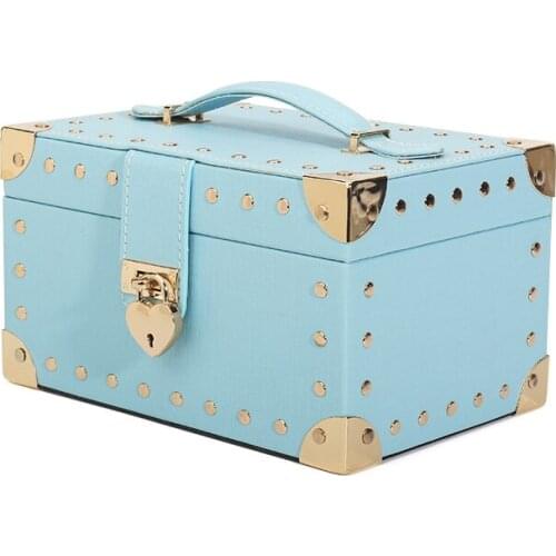 Fashion Blue Ring Earring Jewelry Storage Packaging Gift Box Pu Leather With Heart Metal Lock Double Card Slot Removed For Women