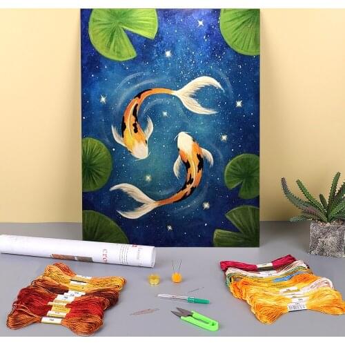 Animal Carp Pre-Printed 11CT Cross Stitch DIY Embroidery Complete Kit DMC Threads Handmade Handiwork Handicraft Hobby Mulina