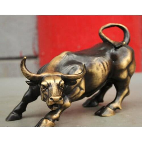---612+++8" Folk Chinese Pure Bronze Strong Zodiac Bull Ox Bullish Animal FengShui Statue