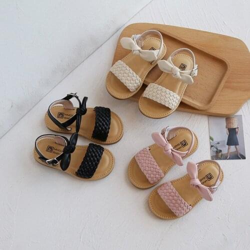 Girls Woven Sandals 2021 Summer New Soft Bottom Velcro Cork Bow-knot Cute Princess Shoes Fashion Flats Chic Sweet 21-30 Non-slip