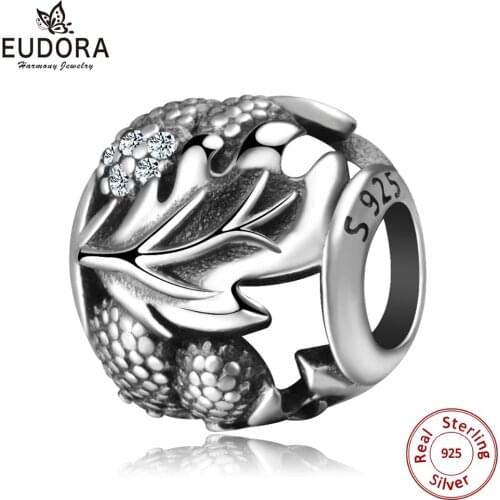 EUDORA Real 925 Sterling Silver Clear CZ Leaf of Life Plant Charm Oxidation Bead fit Charm Bracelet DIY Jewelry Making CYZ50