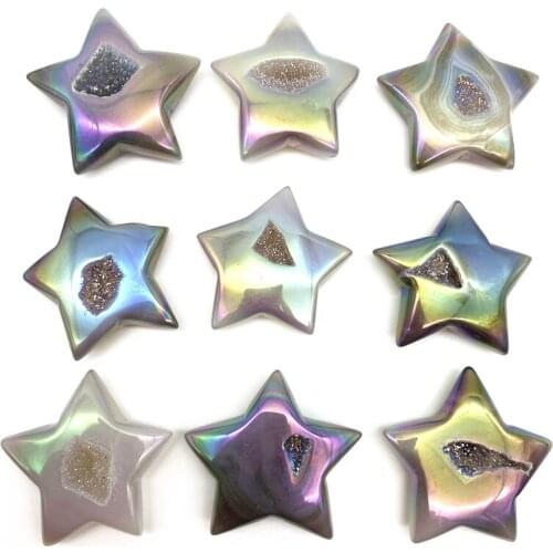 Drop Shipping 1PC Naural Electroplated Aura Agate Star Carved Crystal Geode Quartz Figurine Healing Natural Stones and Crystals