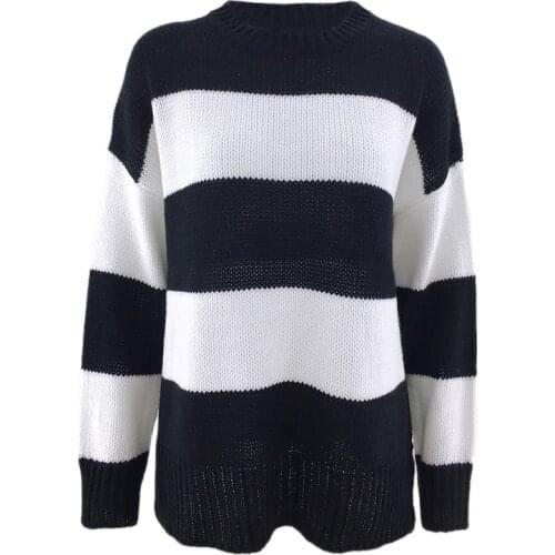 Black White Striped Sweater Long Sleeve Pullover Knitted Sweaters for Women Autumn Winter Fluffy Sweater Woman 2020 Pullovers