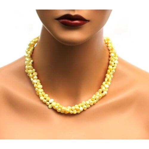 Unique Pearls jewellery Store Yellow Golden Color 7mm 3 rows Baroque Genuine Freshwater Pearl Necklace Free Silver Earrings