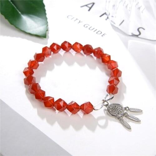 Bohemian Natural Stone Bangle Red Agats Stone Round Faceted Beads 8mm Bracelet Dreamnet Pendant Chain Yoga Jewelry 7.5inch Y947