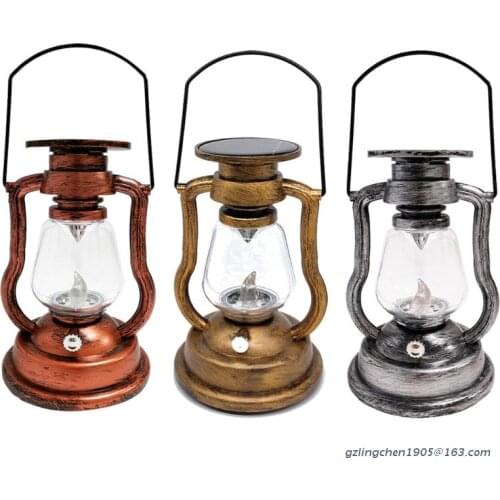 Vintage Hurricane Lantern Solar Powered Hanging Candle Light Rainproof Retro Antique LED Oil Lamp for Garden Tree Table