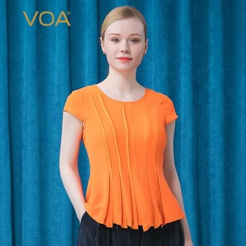VOA Heavy 30m/m Silk Orange Woman Tshirts BE532 Three-dimensional Strip Splicing Fold Skirt Type Rotator Cuff Round Neck T-shirt