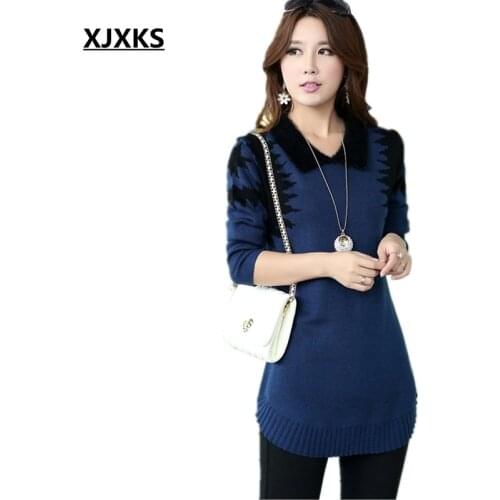 XJXKS New 2021 Womens Autumn And Winter Plus Size Loose Long Sweater Fashion Knitwear Dress Turn-down Collar Sweater