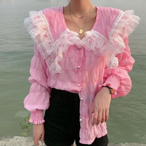 Japanese Soft Girl Chiffon Shirt New Princess Pleated Doll Collar Shirt Cute Girl Kawaii Lolita Shirt Womens Tops and Blouses