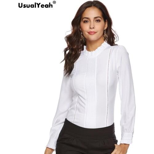 Women Blouse 2020 Frilled Stand Collar Elegant Front Hollow Out Slim Body Shirt Zipper Bodysuit Tops Office White Shirts S - XXL
