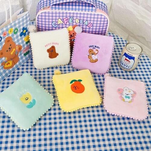 Women Embroidery Sanitary Napkin Bag Girls Rabbit Flannel Coin Purse Daliy Storage Bag Clear Tampon Bag Bear Card Case Holder