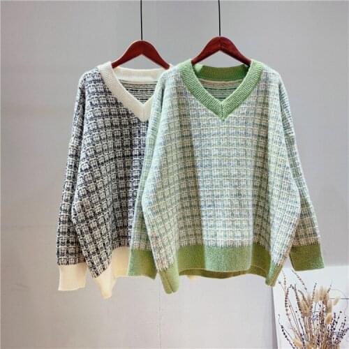 2020 Autumn Knitted V-Neck Plaid Women Warm And Pullovers Winter Sweater Tricot Pull Femme
