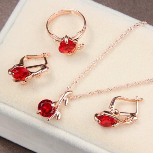 Women bridal Wedding Jewelry Sets Charm red Crystal Round Pendant Necklaces Earrings Sets Shininy Zircon bijoux femme jewerly