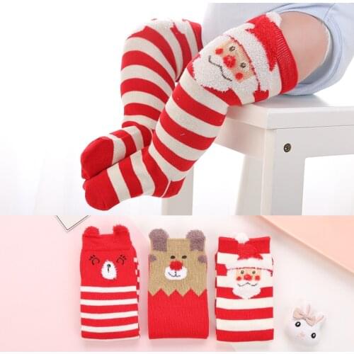3Pairs/Lot 0-3 Years Long Baby Socks 100% Cotton Kids Socks Red Striped Christmas Baby Girl Socks Autumn Warm Over Knee Socks