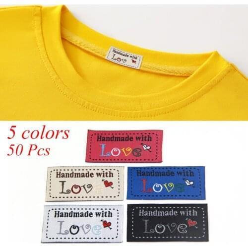 50Pcs 'Hand Made With Love' Cloth Tags Handmade Labels For Clothes Sewing Label Fold Tag DIY Hat/Gift/Bag Garment Accessories