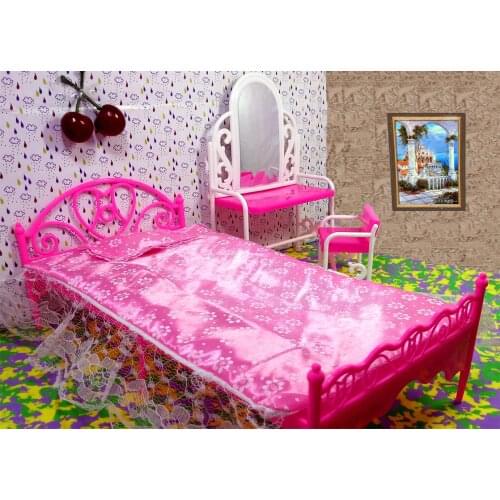 Doll Accessories Toys Girls Play House Toys Big Bed & Dresser Dressing Table with Chairs Doll House Furniture For Barbie Doll