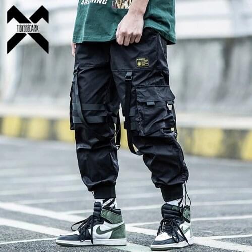 11 BYBBS DARK Cargo Pants Men Joggers Streetwear Ankle-length Pants Ribbons Elastic Waist Black Pant Hip Hop Male DG166