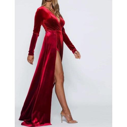 2020 Burgundy V Neck Long Sleeve Stretch Velvet Maxi Dress Empire Two Splits Full Length Long Party Dress Autumn Winter