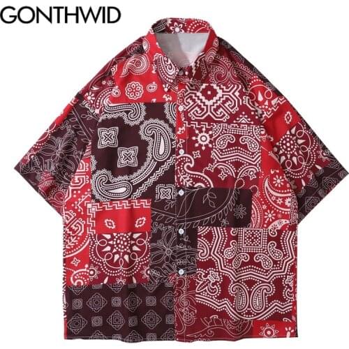 GONTHWID Hawaiian Shirts Streetwear Bandana Paisley Pattern Print Beach Shirt Hip Hop Harajuku Casual Tropical Holiday Tops