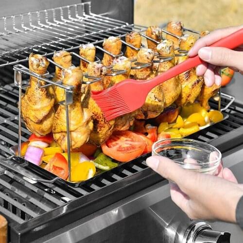 BBQ Beef Chicken Grill Rack Set Portable Stainless Steel Barbecue Holder Roaster Stand with oil brush BBQ Tong BBQ Supplies Set