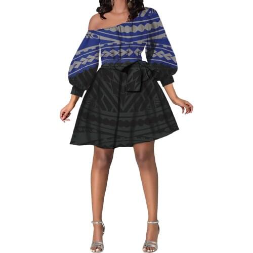 Hycool Patch-Color Polynesian Stripe Design Oblique Shoulder Flared Dress Elegant Long Sleeve Lady /Anniversary Bow Short Dress