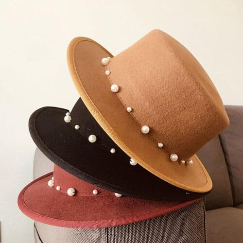 Classical Wool Felt Women Hats Porkpie Hats Pearls Wide Brim Flat Top Fedora Fall Winter Boater Hat Church Outfit Decoration