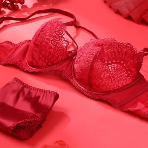 Red Floral Lace Lingerie Set Plus Size Push Up Sexy Bras And Panty Sets For Women Transparent Brassiere Sexy Underwear Set C Cup
