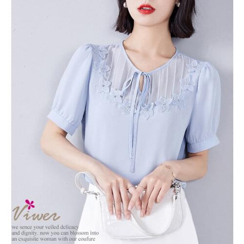 Summer Style Chiffon Elegant Women Casual Loose Shirts Temperament O-Neck Fashion Short Sleeve Blouses Tops Blusas MM0446