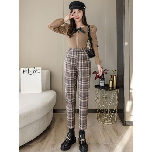 Fashion High Waist Plaid Pants Women Vintage Straight Leg Ankle Length Casual Woolen Trousers Elastic Waisted 2020 Autumn Winter