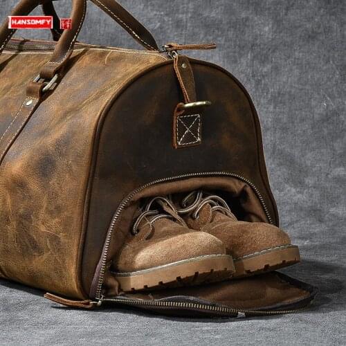 Travel Bag Male Handbags Genuine Leather Shoulder Messenger Bag Shoe Bags Retro Large Capacity Mens Crazy Horse Leather Vintage